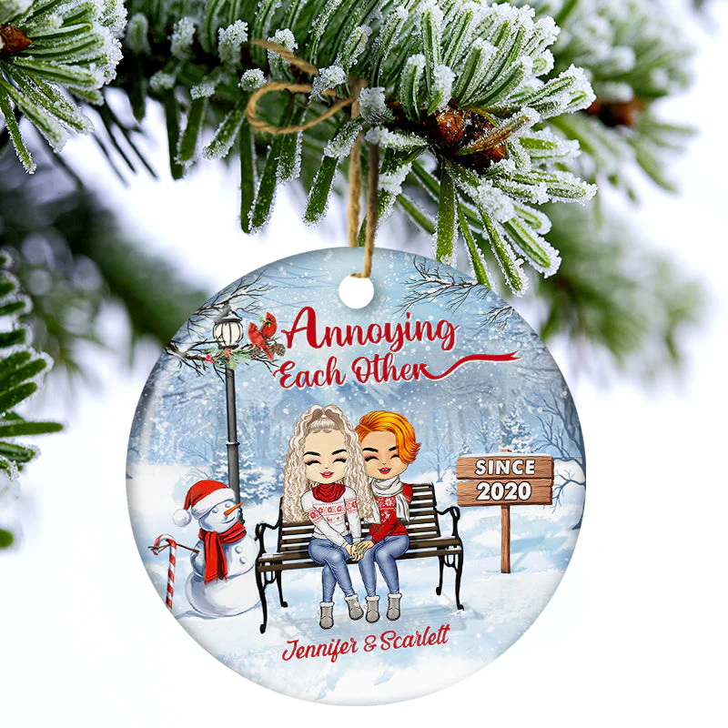 Christmas Family Couple Annoying Each Other Since - Gift For Couples - Personalized Custom Circle Ceramic Ornament - Image 3