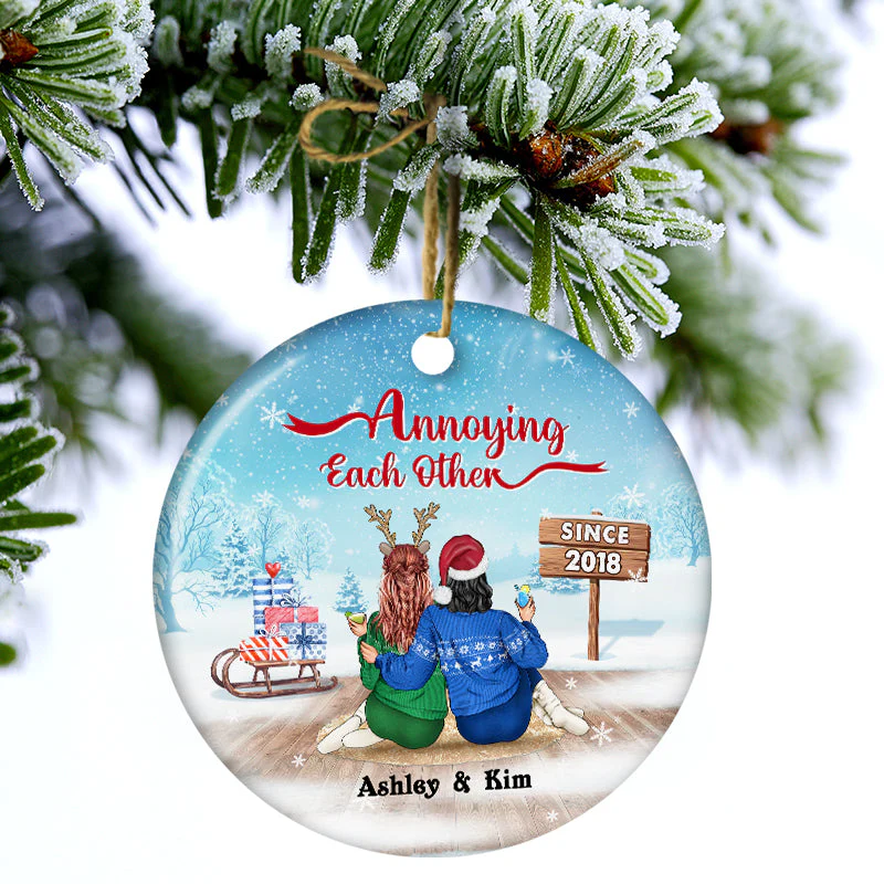 Christmas Family Couple Annoying Each Other Since - Personalized Custom Circle Ceramic Ornament - Image 3