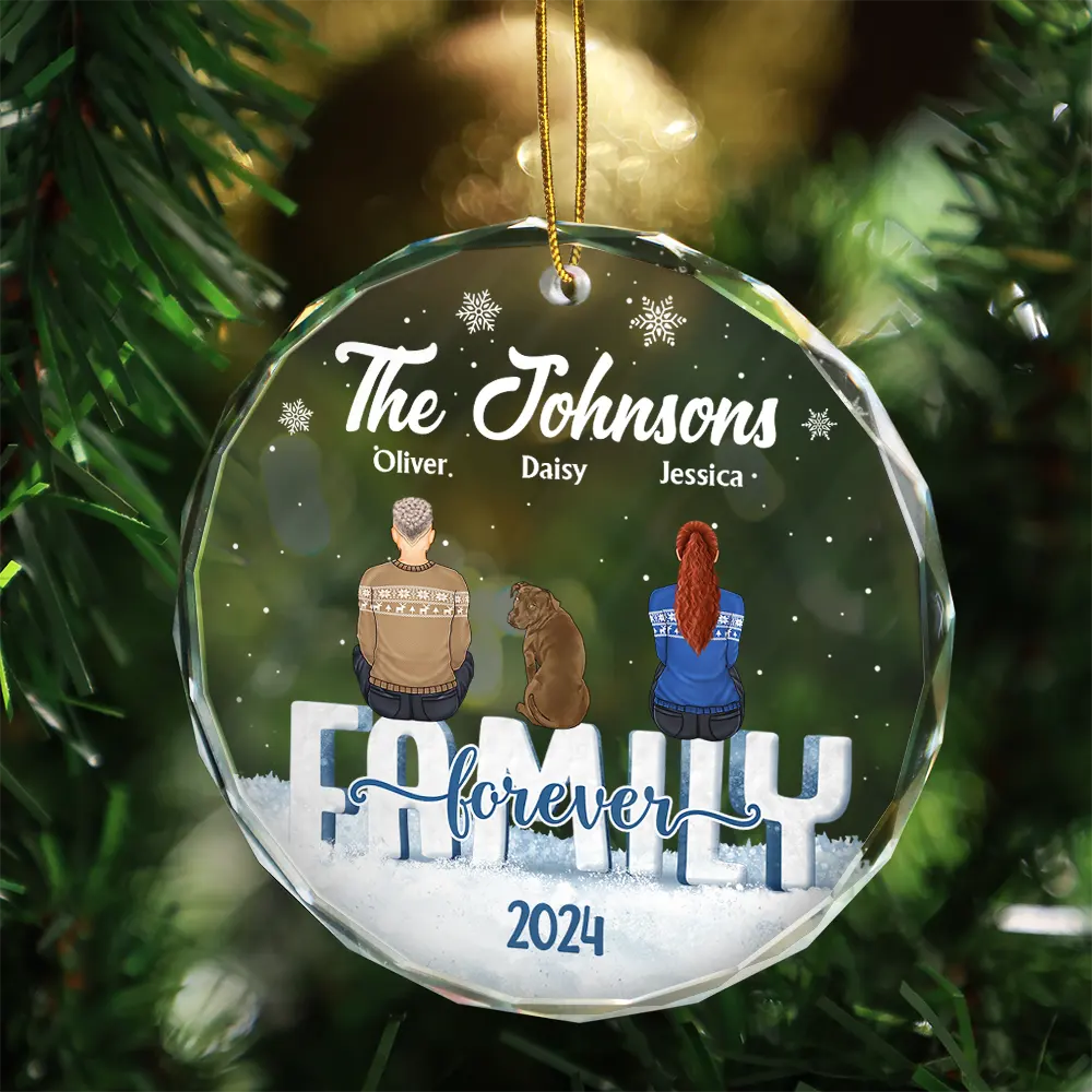 Christmas Family Dog Cat - Personalized Circle Glass Ornament - Image 3