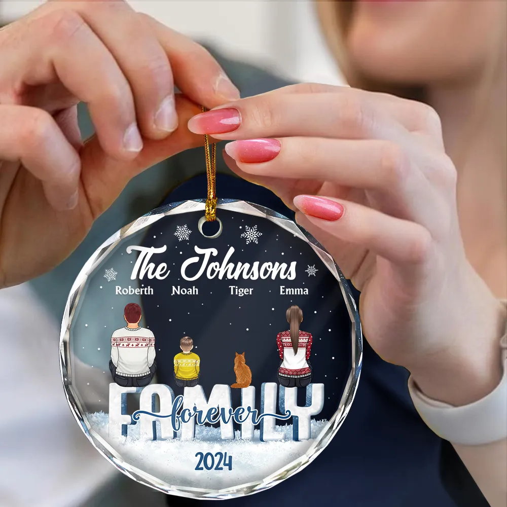Christmas Family Dog Cat - Personalized Circle Glass Ornament - Image 4