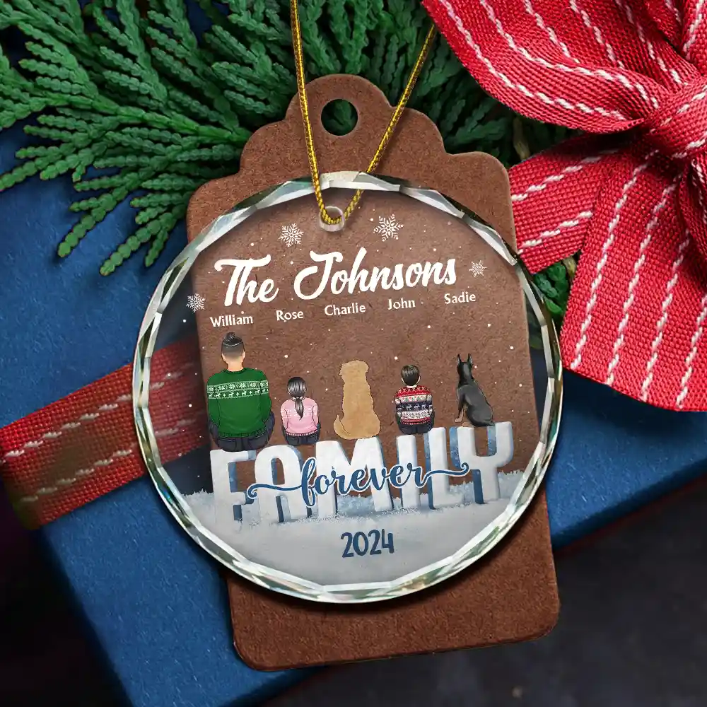 Christmas Family Dog Cat - Personalized Circle Glass Ornament - Image 5