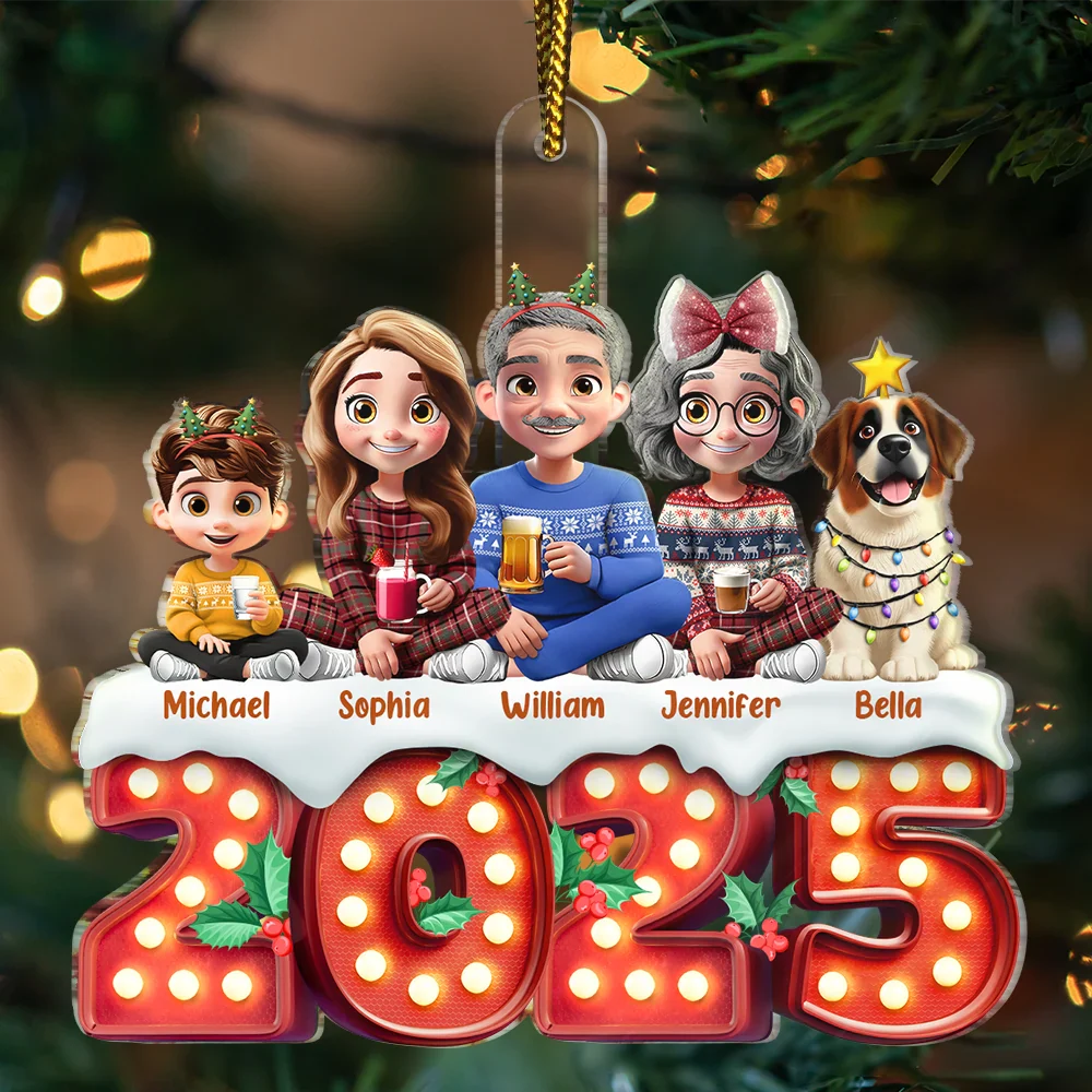 Christmas Family Dogs & Cats Sitting Marquee Effect - Personalized Custom Shaped Acrylic Ornament - Image 3