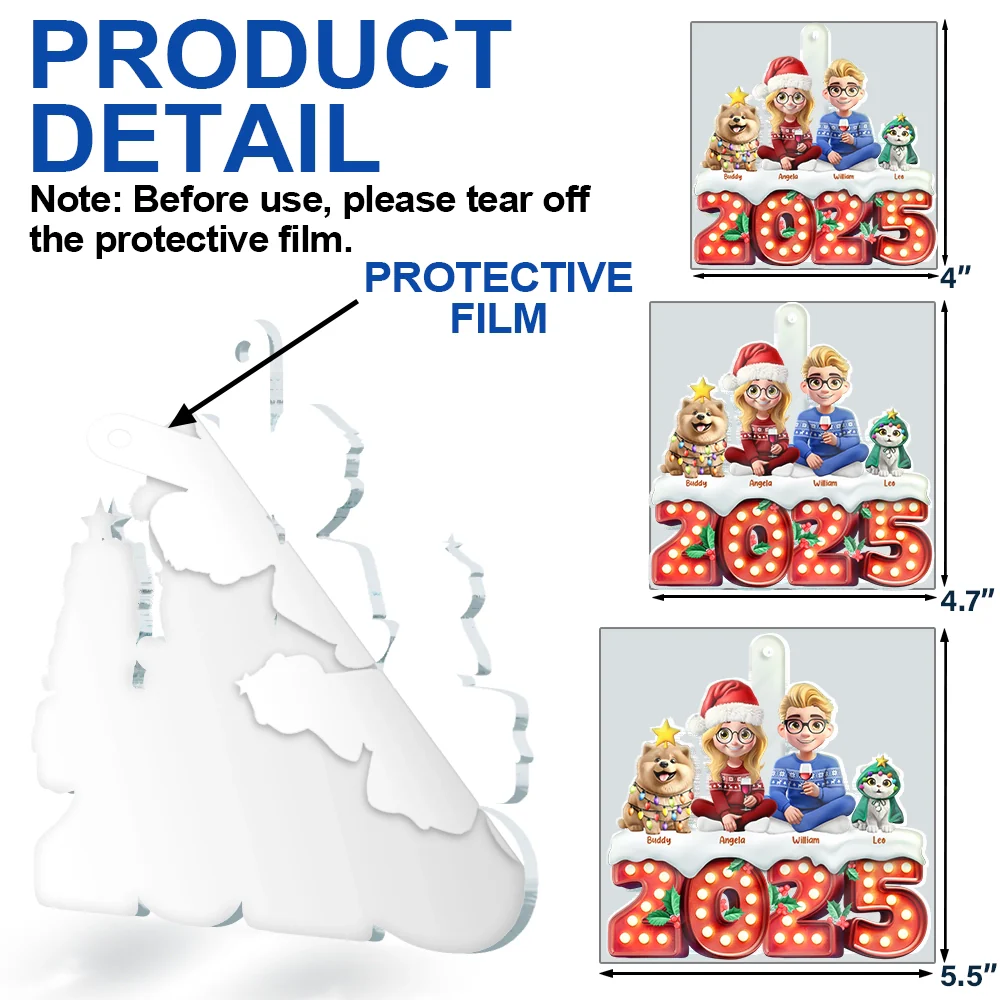 Christmas Family Dogs & Cats Sitting Marquee Effect - Personalized Custom Shaped Acrylic Ornament - Image 6