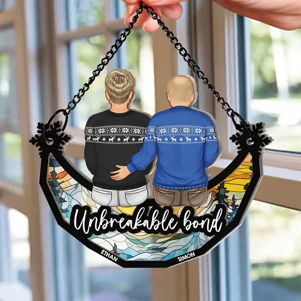 Christmas Family Forever Unbreakable Bond Sitting On Moon - Personalized Window Hanging Suncatcher Ornament - Image 2