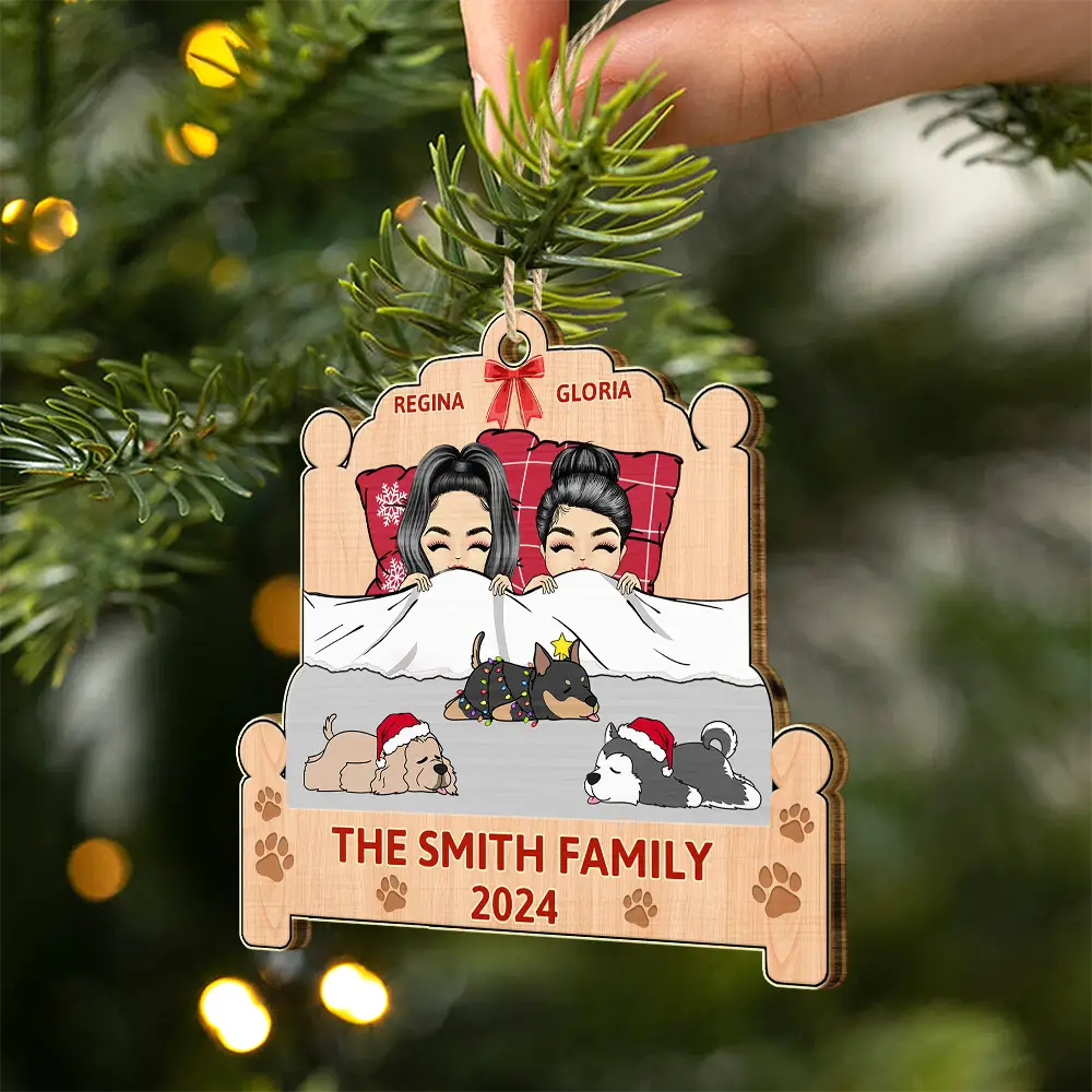 Christmas Family Lying On The Bed - Personalized Custom Shaped Wooden Ornament - Image 2