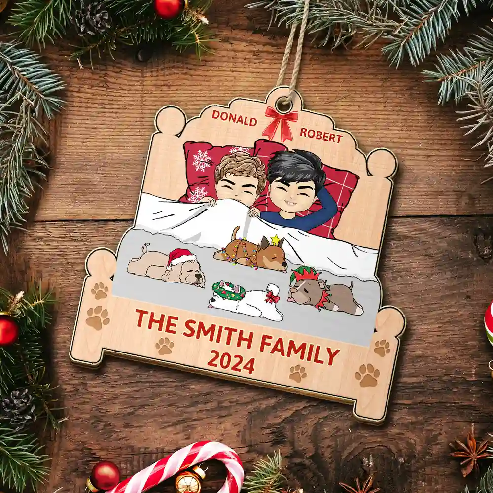 Christmas Family Lying On The Bed - Personalized Custom Shaped Wooden Ornament - Image 5