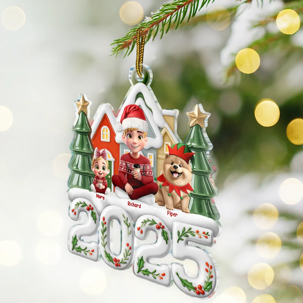Christmas Family Sitting Together Ceramic Effect - Personalized Custom Shaped Acrylic Ornament - Image 2