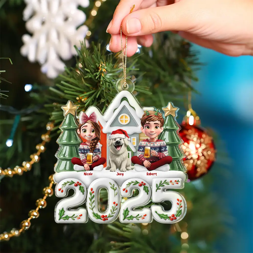 Christmas Family Sitting Together Ceramic Effect - Personalized Custom Shaped Acrylic Ornament - Image 4