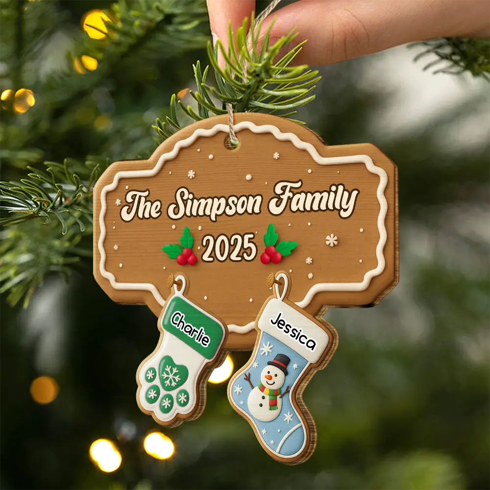Christmas Family Stockings Ceramic Effect - Personalized Custom Shaped Wooden Ornament - Image 2