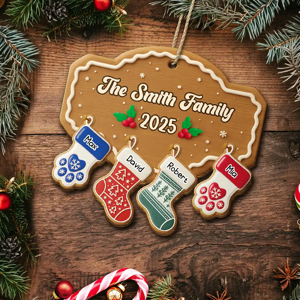 Christmas Family Stockings Ceramic Effect - Personalized Custom Shaped Wooden Ornament - Image 5