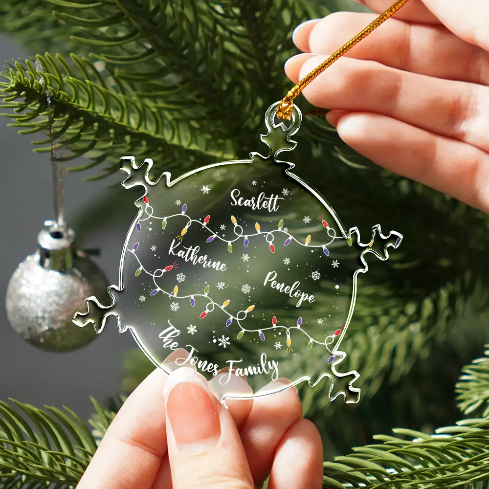 Christmas Family Together With Names And Led Lights - Personalized Snowflakes Shaped Glass Ornament - Image 2