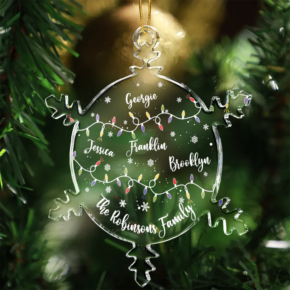 Christmas Family Together With Names And Led Lights - Personalized Snowflakes Shaped Glass Ornament - Image 3