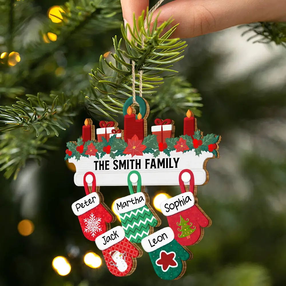 Christmas Family Warm Mittens - Personalized Wooden Cutout Ornament - Image 2