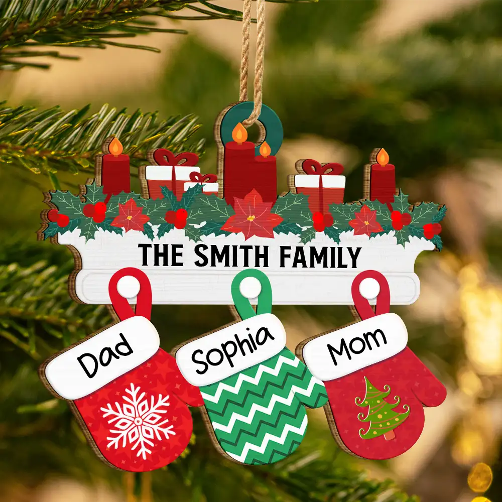 Christmas Family Warm Mittens - Personalized Wooden Cutout Ornament - Image 3