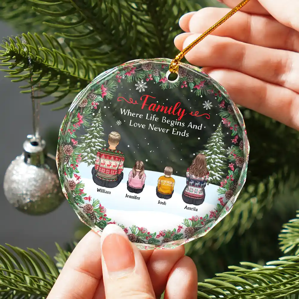 Christmas Family Where Life Begins And Love Never Ends - Personalized Circle Glass Ornament - Image 2