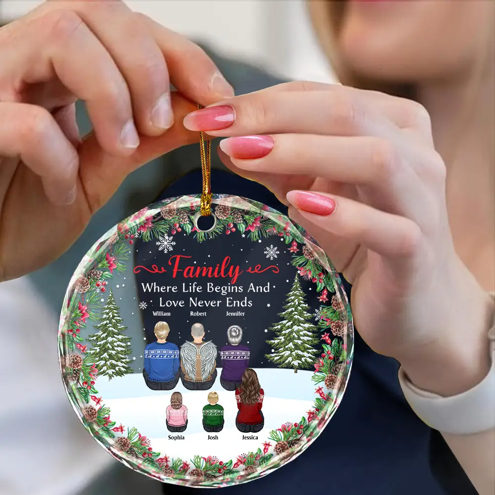 Christmas Family Where Life Begins And Love Never Ends - Personalized Circle Glass Ornament - Image 4