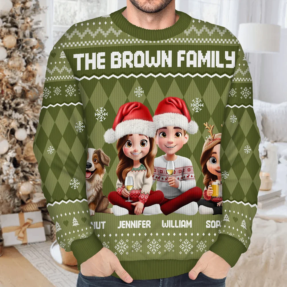 Christmas Family With Kids & Pets Argyle Pattern - Personalized Unisex Ugly Sweater - Image 4
