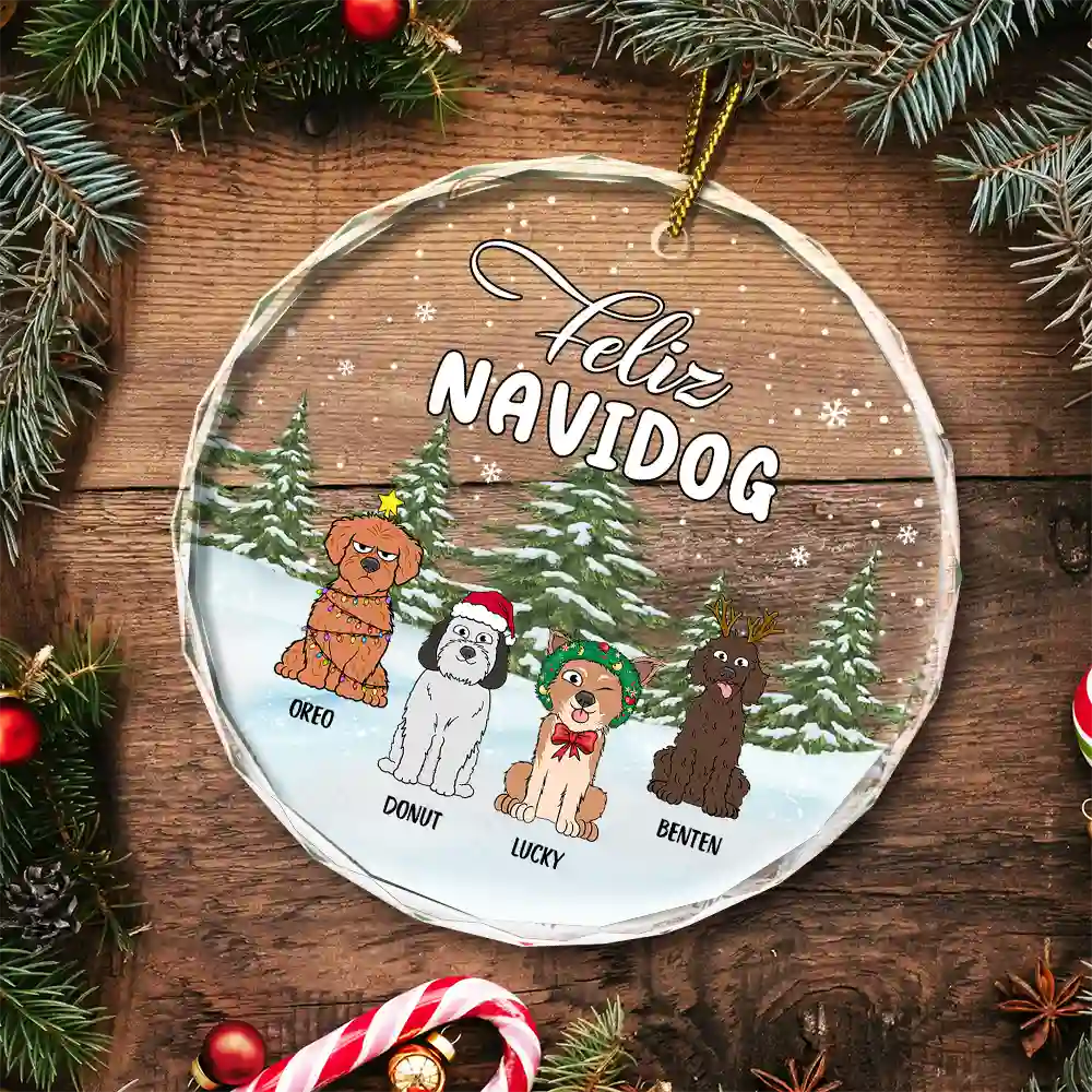Christmas Feliz Navidog - Personalized Circle Glass Ornament - Image 5