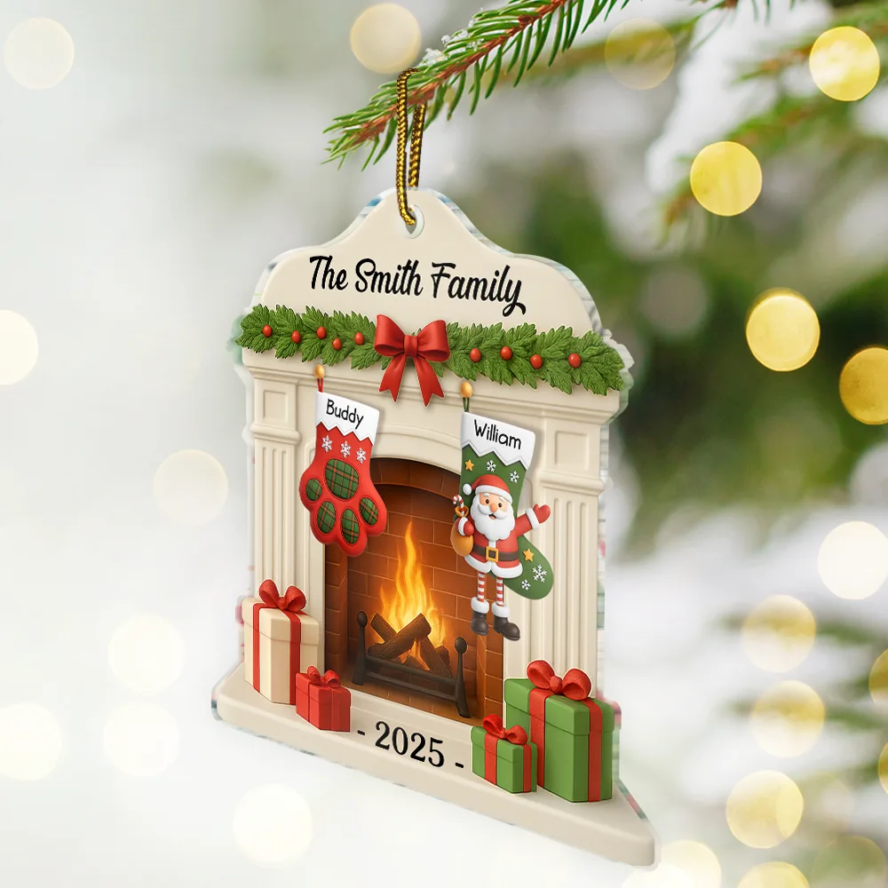 Christmas Fireplace And Stockings Family - Personalized Custom Shaped Acrylic Ornament - Image 2