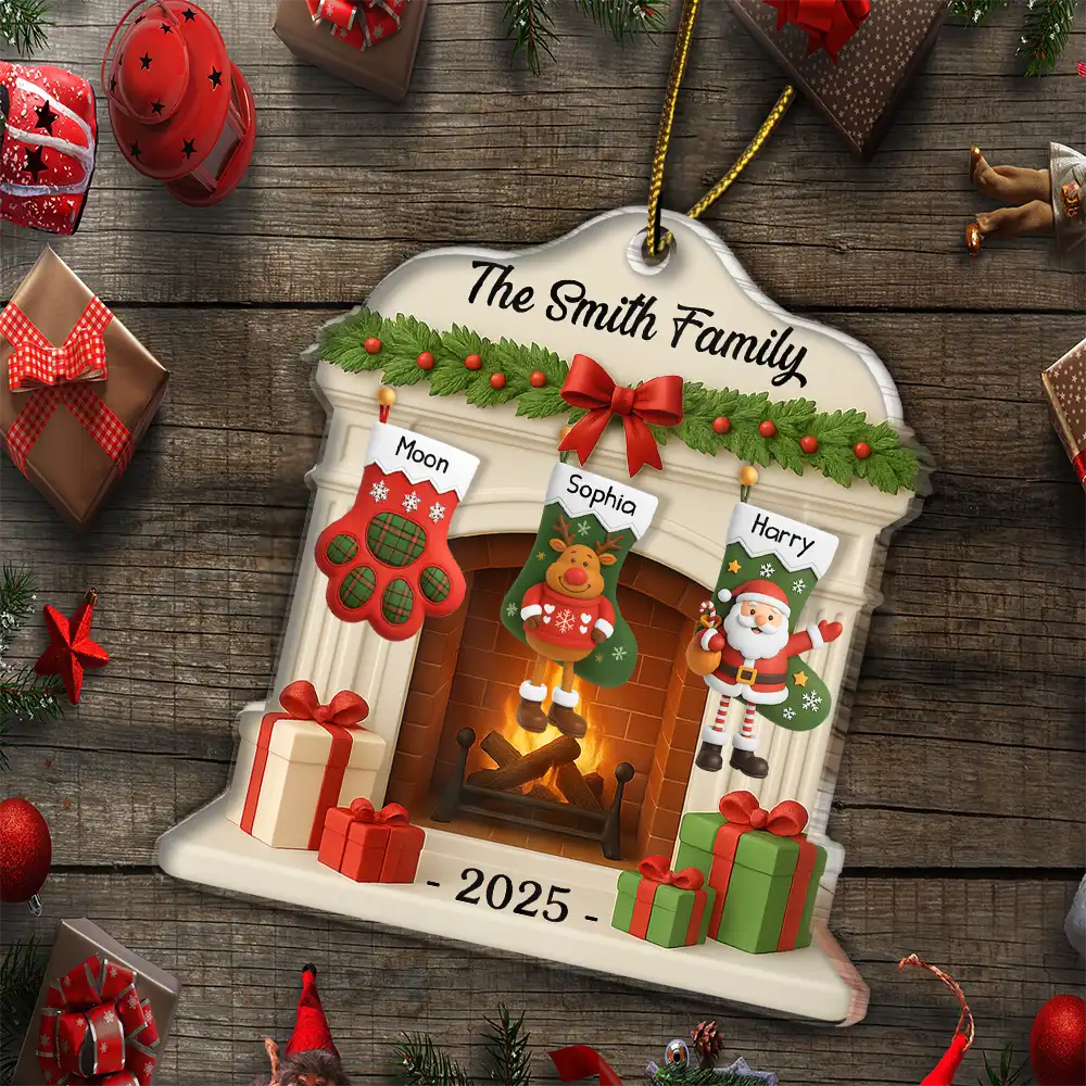 Christmas Fireplace And Stockings Family - Personalized Custom Shaped Acrylic Ornament - Image 5
