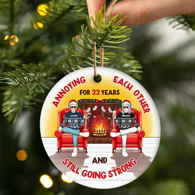 Christmas Fireplace Annoying Each Other - Gift For Couples - Personalized Custom Circle Ceramic Ornament - Image 2