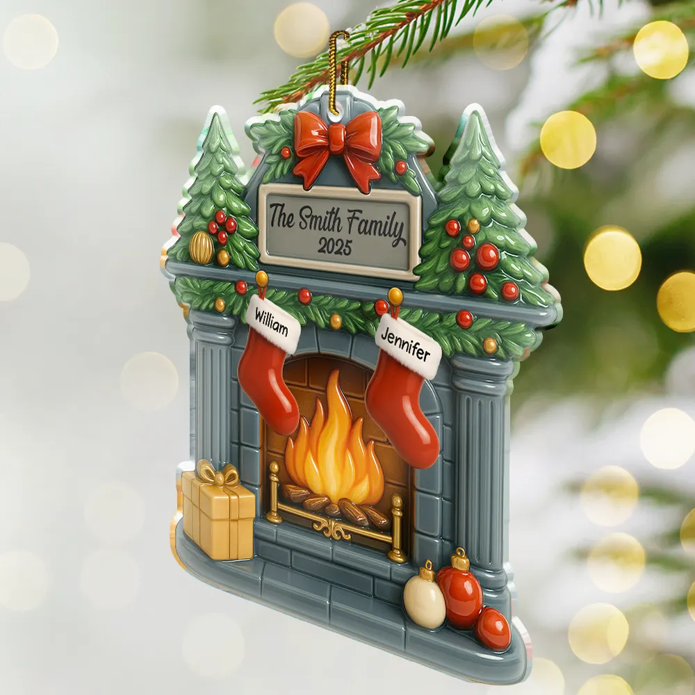 Christmas Fireplace Family Stockings Ceramic Effect - Personalized Custom Shaped Acrylic Ornament - Image 2