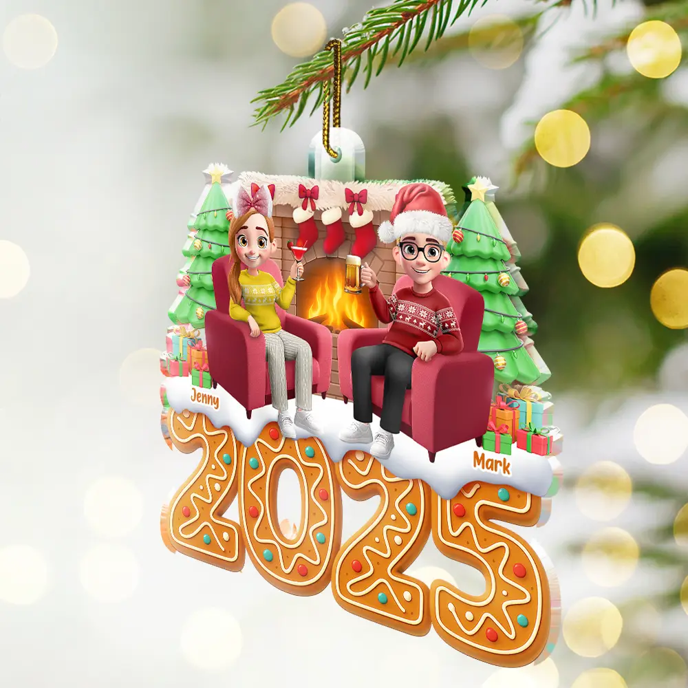 Christmas Fireplace Gingerbread 3D Effect Couple - Personalized Custom Shaped Acrylic Ornament - Image 2