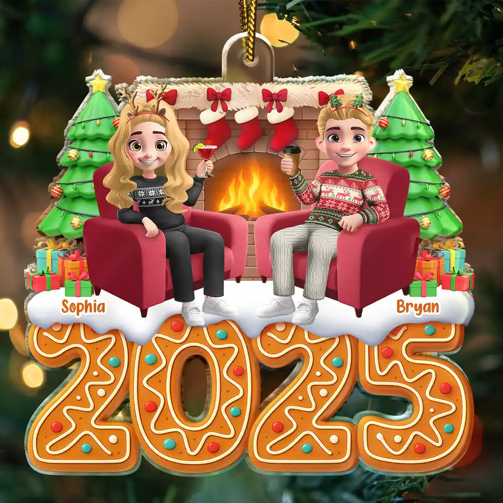 Christmas Fireplace Gingerbread 3D Effect Couple - Personalized Custom Shaped Acrylic Ornament - Image 3