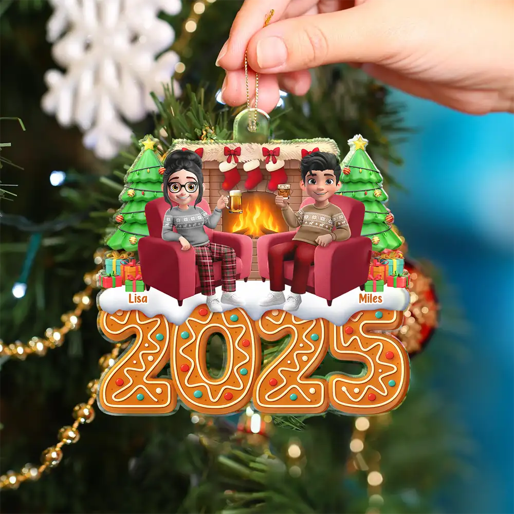 Christmas Fireplace Gingerbread 3D Effect Couple - Personalized Custom Shaped Acrylic Ornament - Image 4