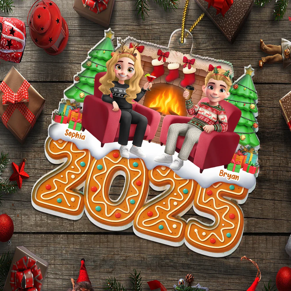 Christmas Fireplace Gingerbread 3D Effect Couple - Personalized Custom Shaped Acrylic Ornament - Image 5
