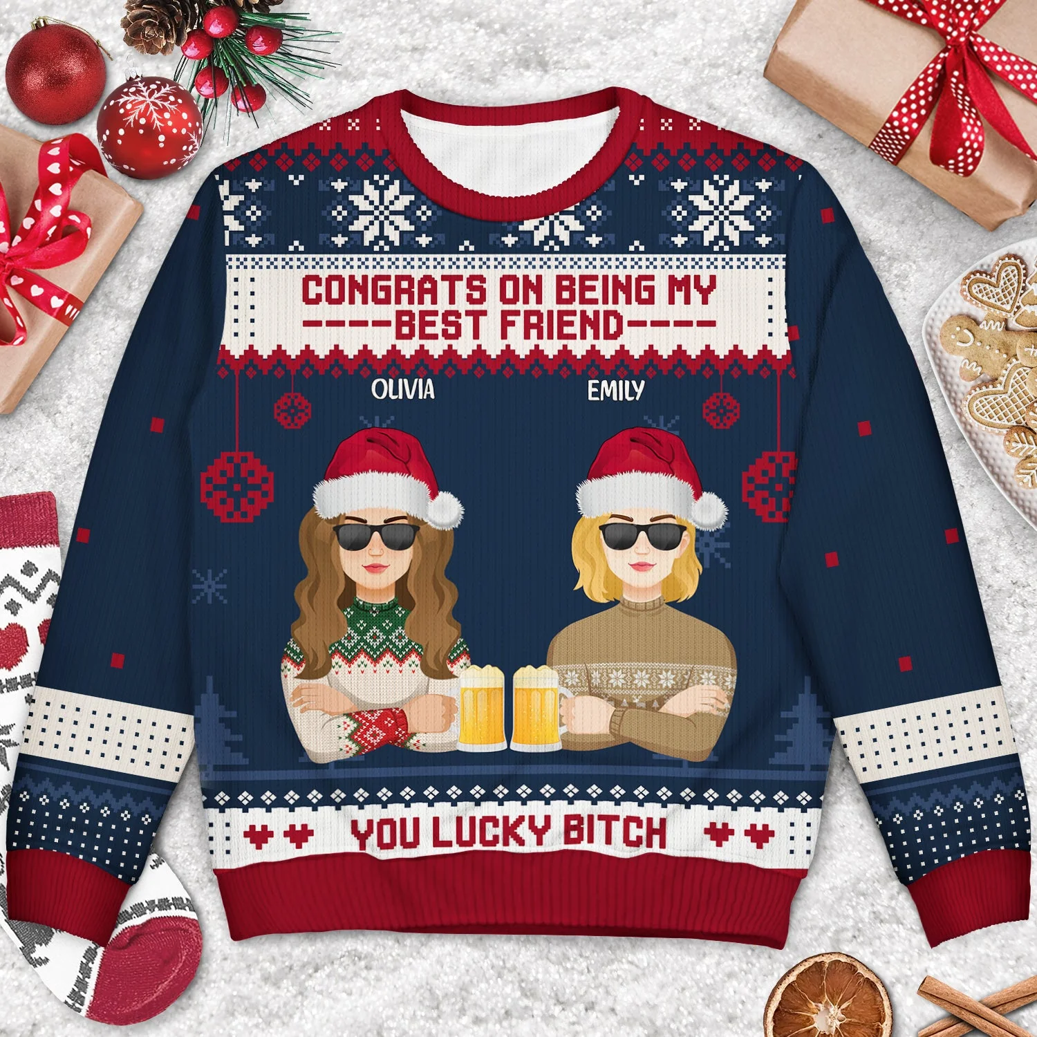 Christmas Flat Art Congrats On Being My Bestie - Gift For Bestie - Personalized Unisex Ugly Sweater - Image 3
