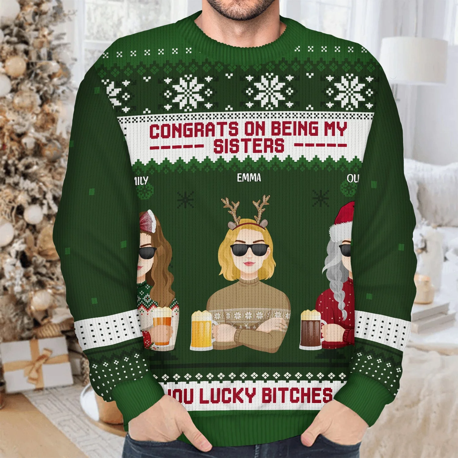 Christmas Flat Art Congrats On Being My Bestie - Gift For Bestie - Personalized Unisex Ugly Sweater - Image 4