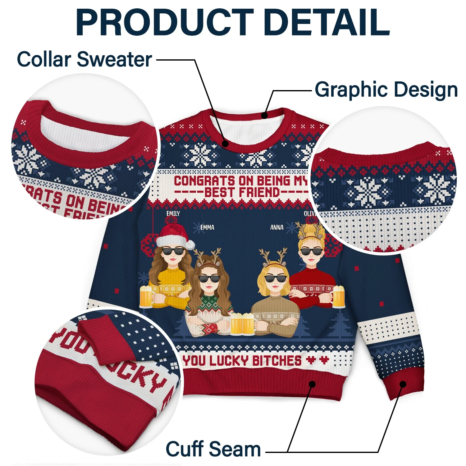Christmas Flat Art Congrats On Being My Bestie - Gift For Bestie - Personalized Unisex Ugly Sweater - Image 6