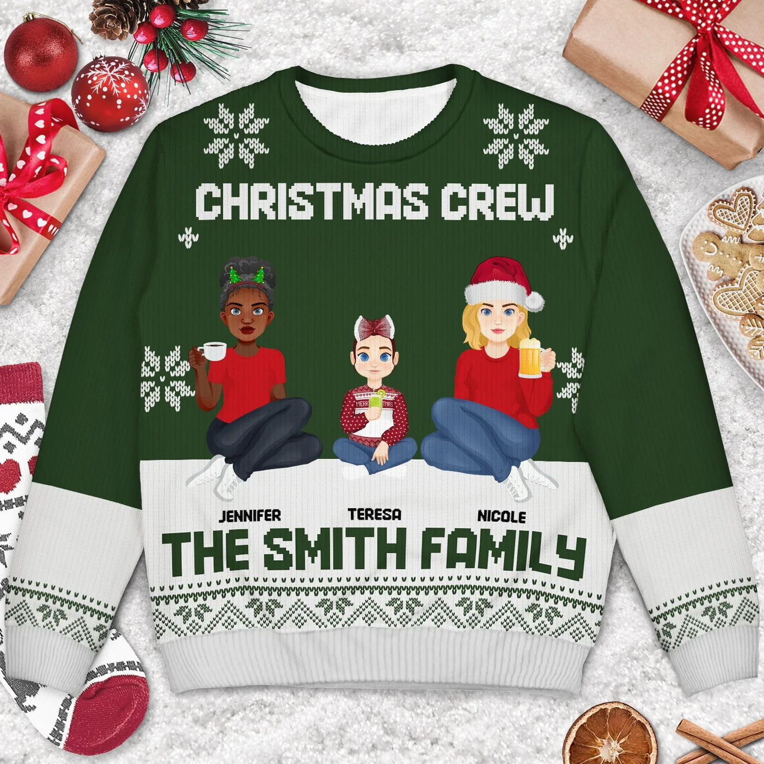 Christmas Flat Art Family Christmas Crew - Gift For Family - Personalized Unisex Ugly Sweater - Image 3