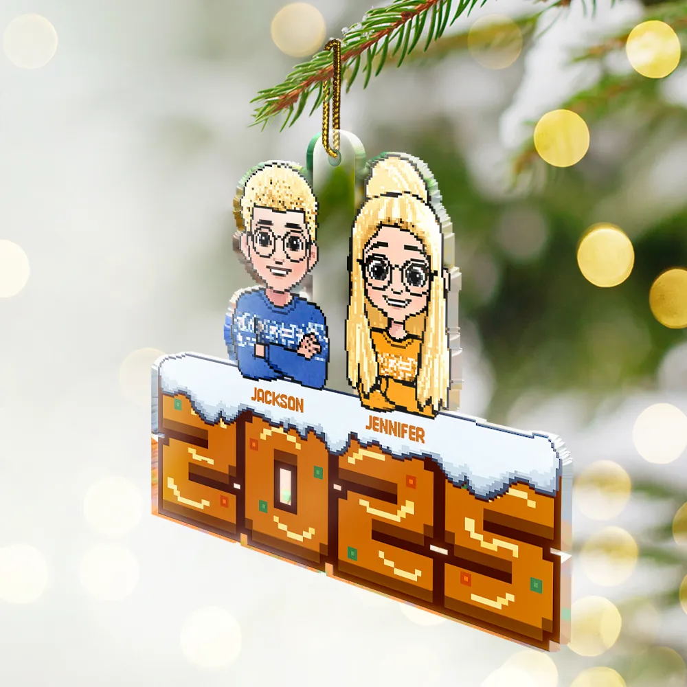 Christmas Fun Family Pixel Game Style - Personalized Custom Shaped Acrylic Ornament - Image 2