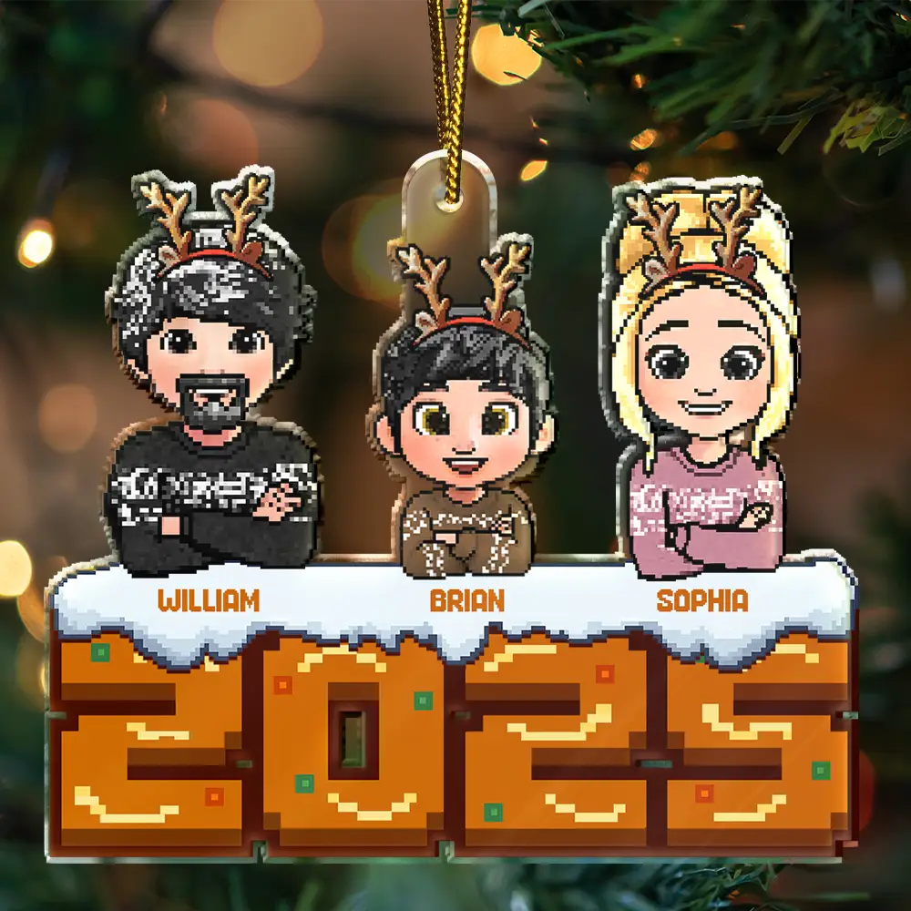 Christmas Fun Family Pixel Game Style - Personalized Custom Shaped Acrylic Ornament - Image 3