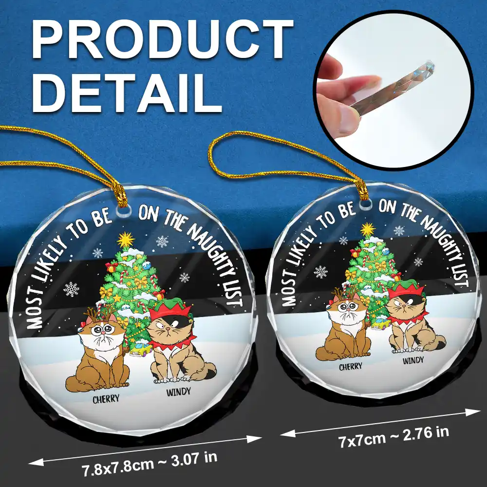Christmas Funny Cartoon Cats On The Naughty List - Personalized Circle Glass Ornament - Image 6
