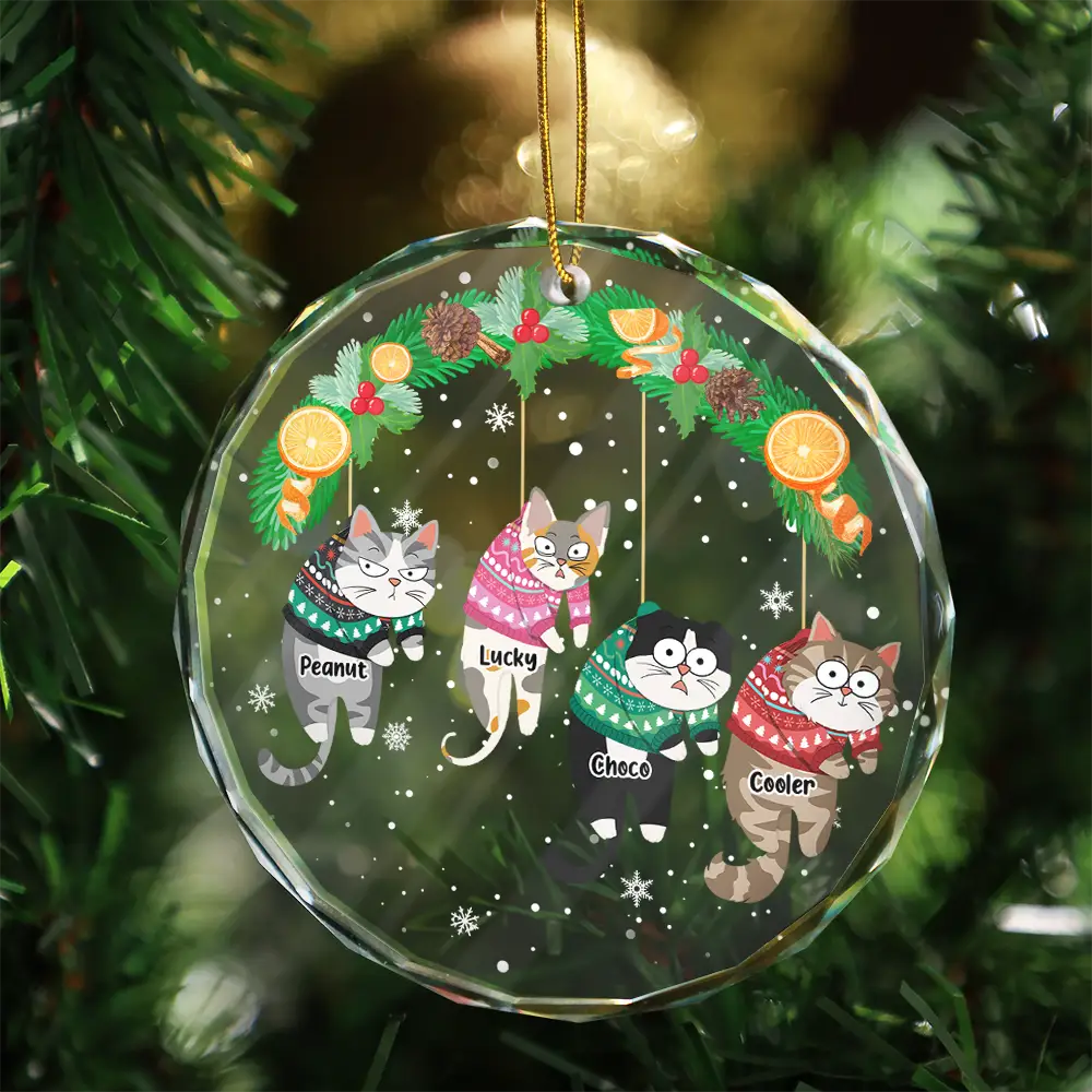 Christmas Funny Hanging Cats - Personalized Circle Glass Ornament - Image 3