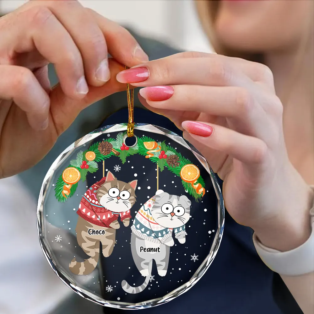 Christmas Funny Hanging Cats - Personalized Circle Glass Ornament - Image 4