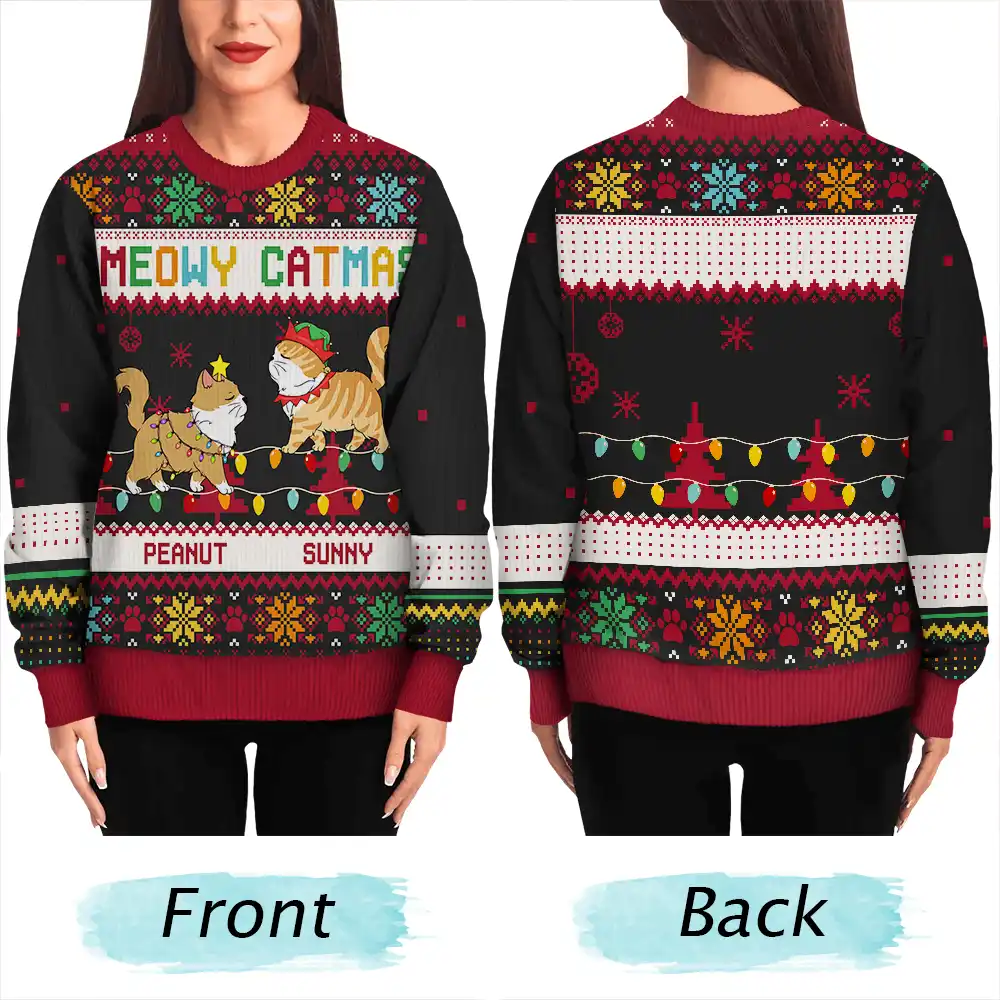 Christmas Funny Walking Cats Meowy Catmas Happy Pawlidays - Personalized Unisex Ugly Sweater - Image 5