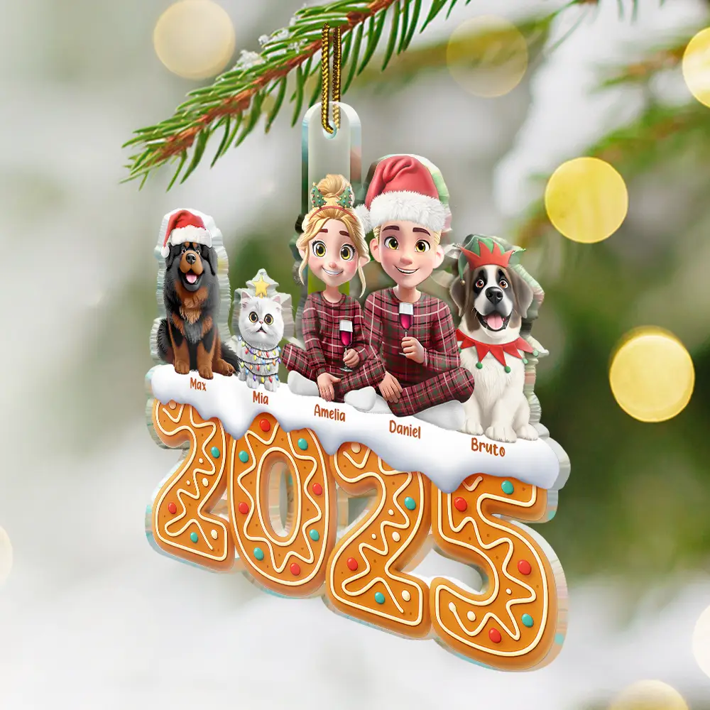Christmas Gingerbread Family 3D Effect Up To 10 Members - Personalized Custom Shaped Acrylic Ornament - Image 2