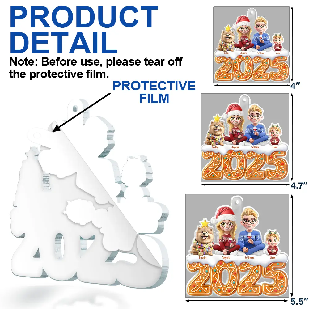 Christmas Gingerbread Family 3D Effect Up To 10 Members - Personalized Custom Shaped Acrylic Ornament - Image 6