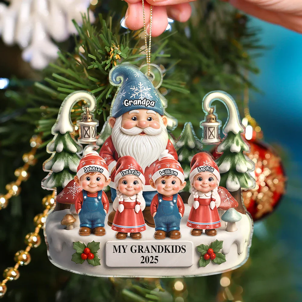 Christmas Gnome My Grandkids 3D Effect - Personalized Custom Shaped Acrylic Ornament - Image 4