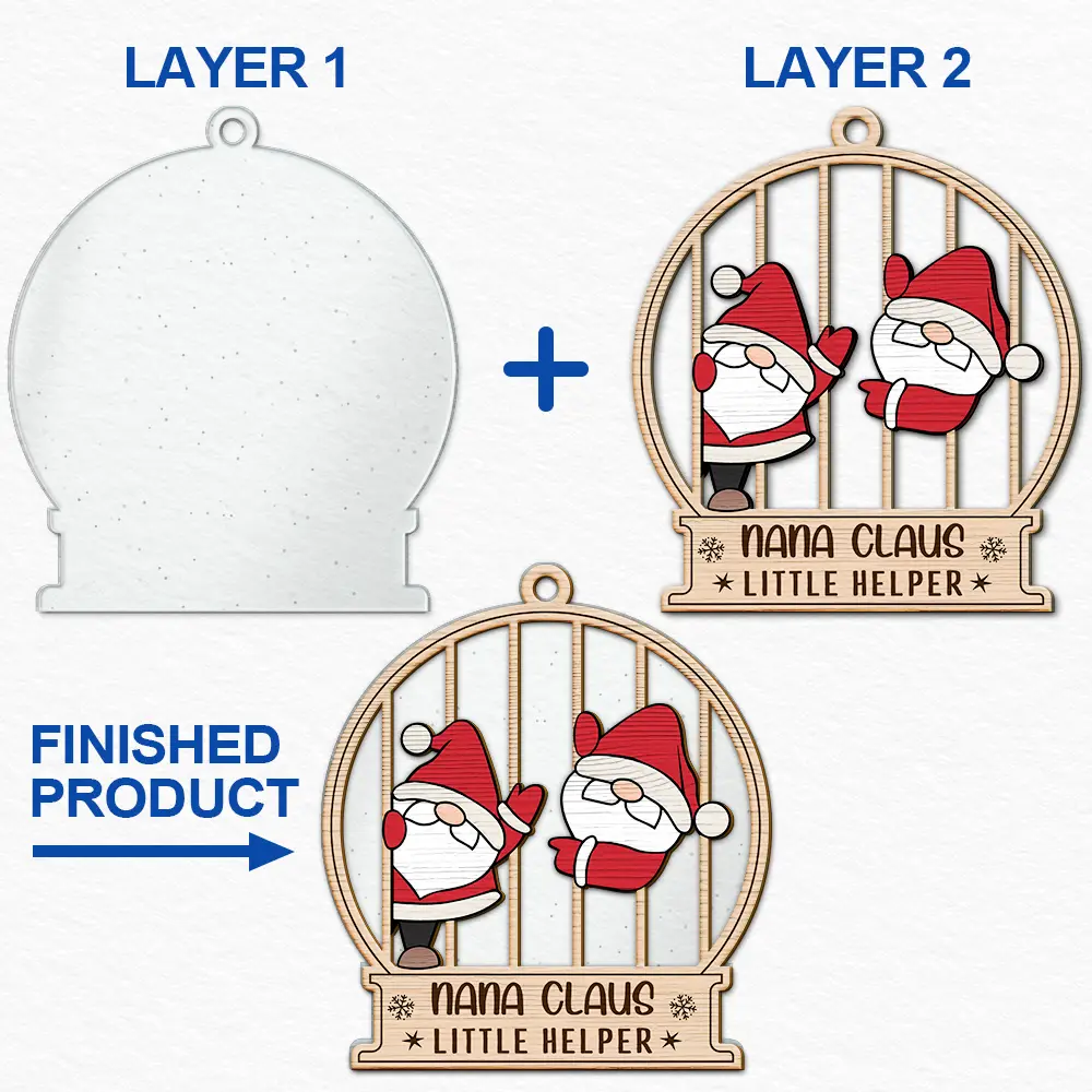 Christmas Gnome Nana Claus Little Helpers - Personalized 2-Layered Mix Ornament - Image 6