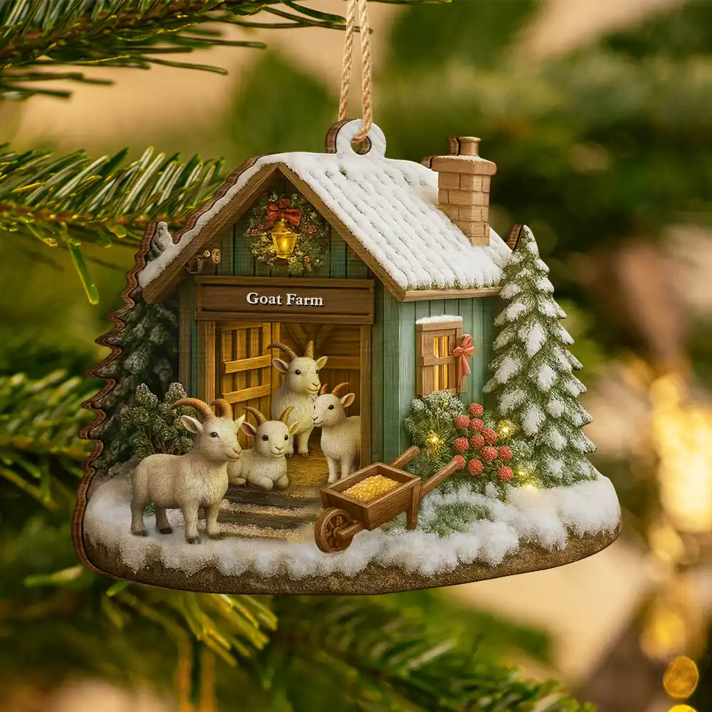 Christmas Goat Farm - Personalized Custom Shaped Wooden Ornament - Image 3