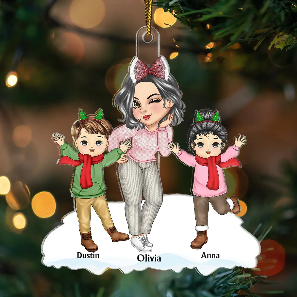Christmas Grandma Mom Happy Dancing Kids - Personalized Cutout Acrylic Ornament - Image 3