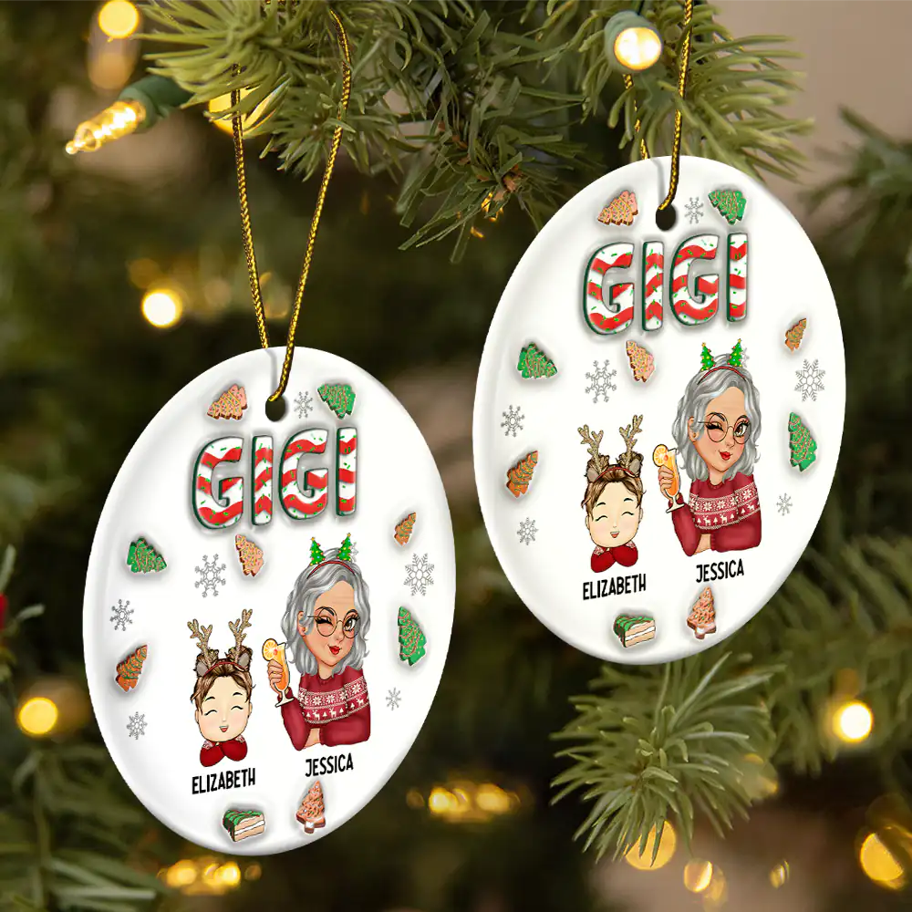 Christmas Grandma With Grandkids - 3D Inflated Effect Printed Ornament, Personalized Circle Ceramic Ornament - Image 2