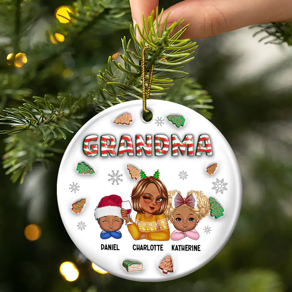 Christmas Grandma With Grandkids - 3D Inflated Effect Printed Ornament, Personalized Circle Ceramic Ornament - Image 3