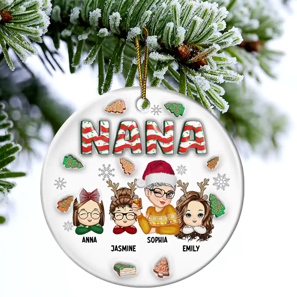 Christmas Grandma With Grandkids - 3D Inflated Effect Printed Ornament, Personalized Circle Ceramic Ornament - Image 4