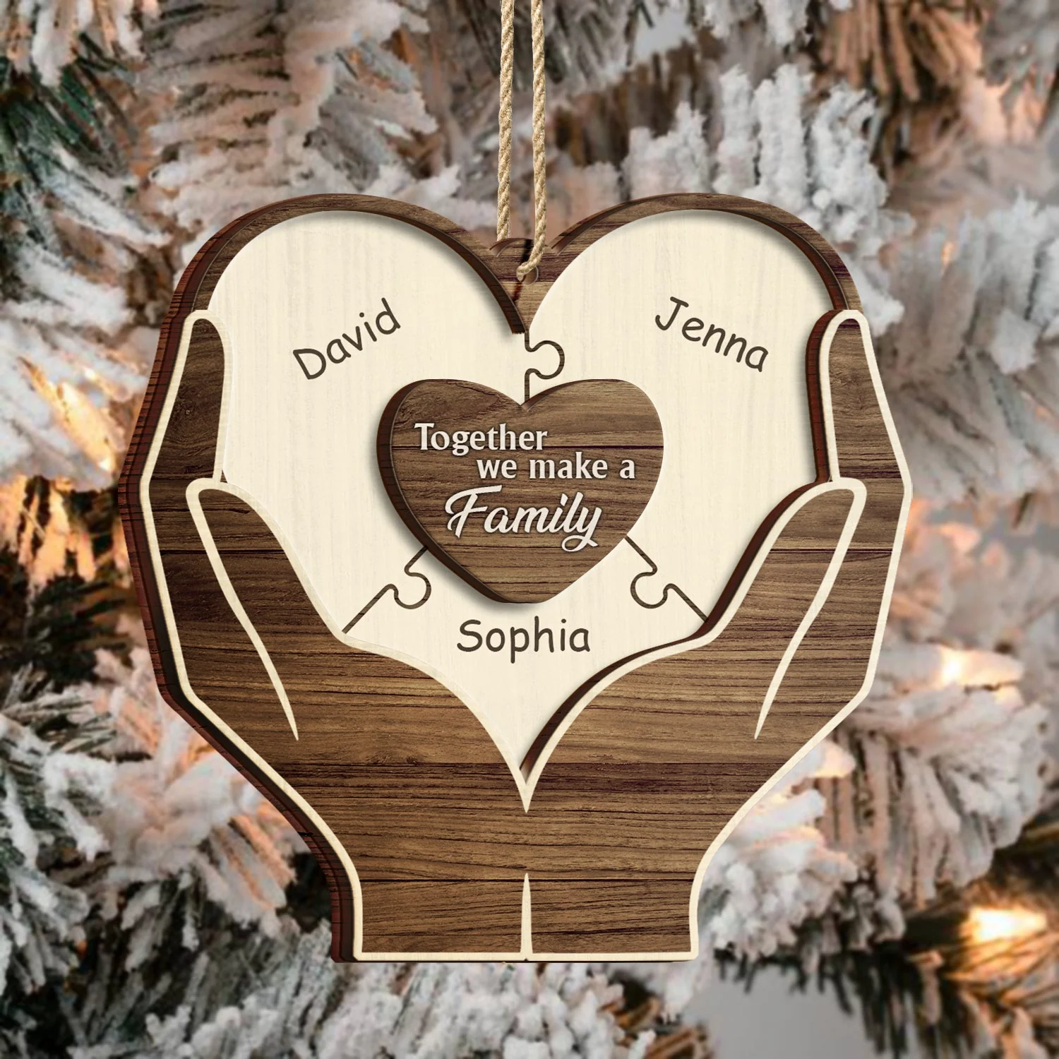 Christmas Hands Puzzle Together We Make A Family - Gift For Family - Personalized 2-Layered Wooden Ornament - Image 3